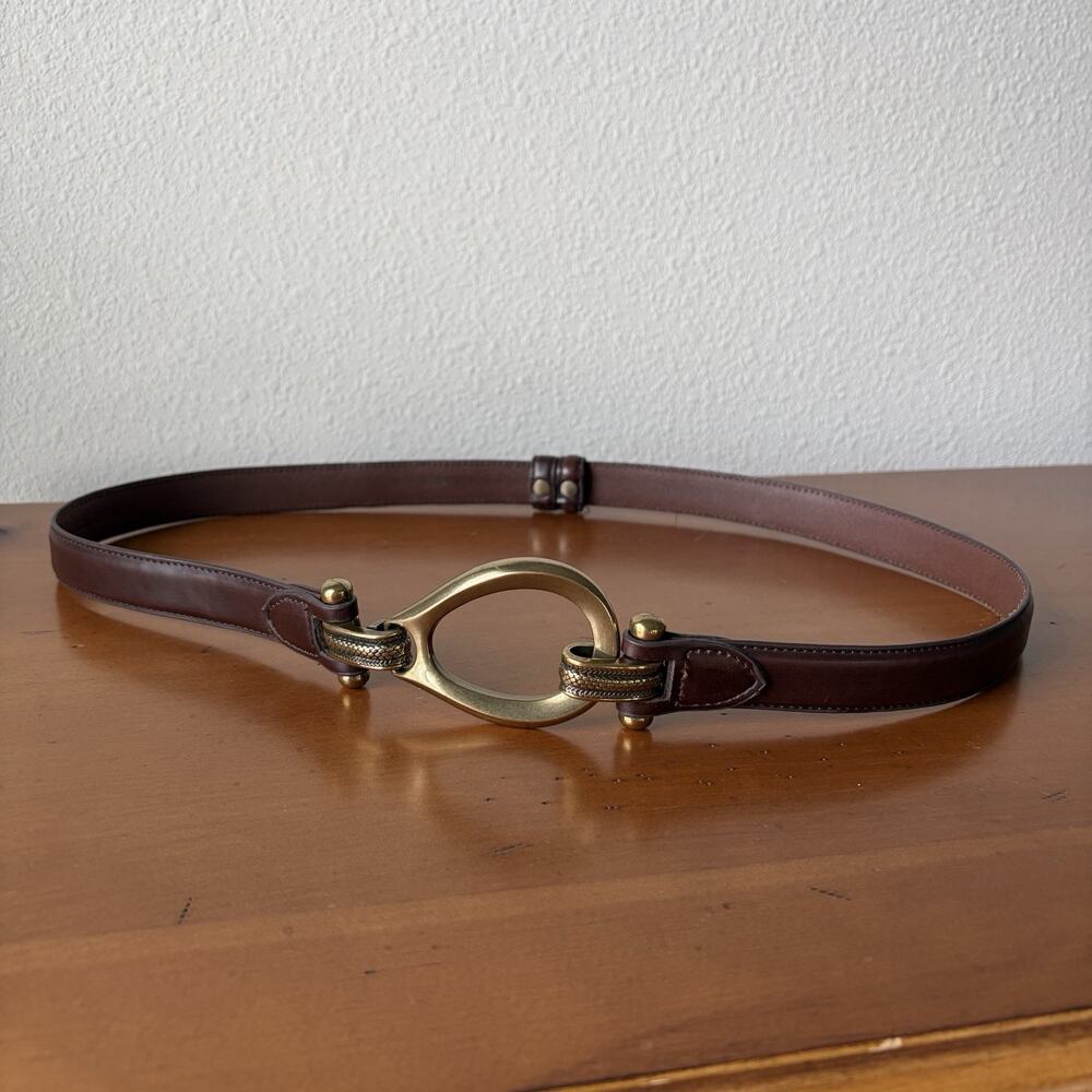 Women’s Genuine Leather Belt gold-tone hook-and-eye teardrop buckle, size M/L